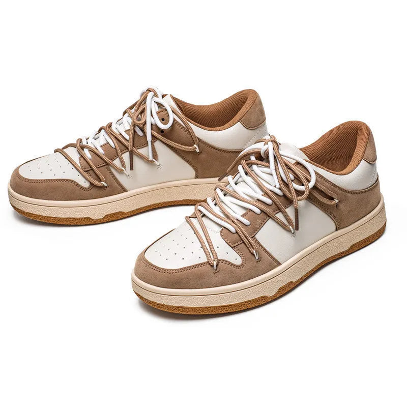 Men's low-top lace-up sneaker in beige with microfiber upper, rubber sole, and round toe design