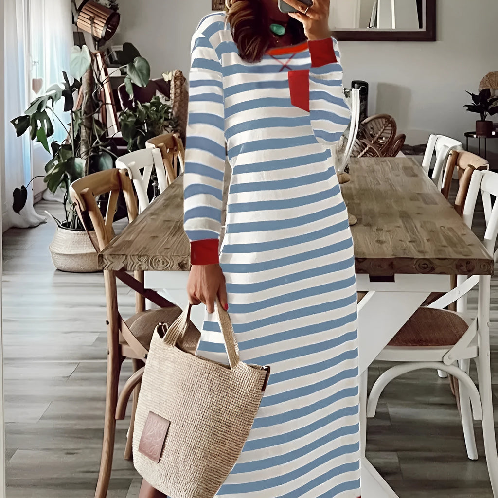 Striped long sleeve dress with contrast edge in Rose Stripe colour on display