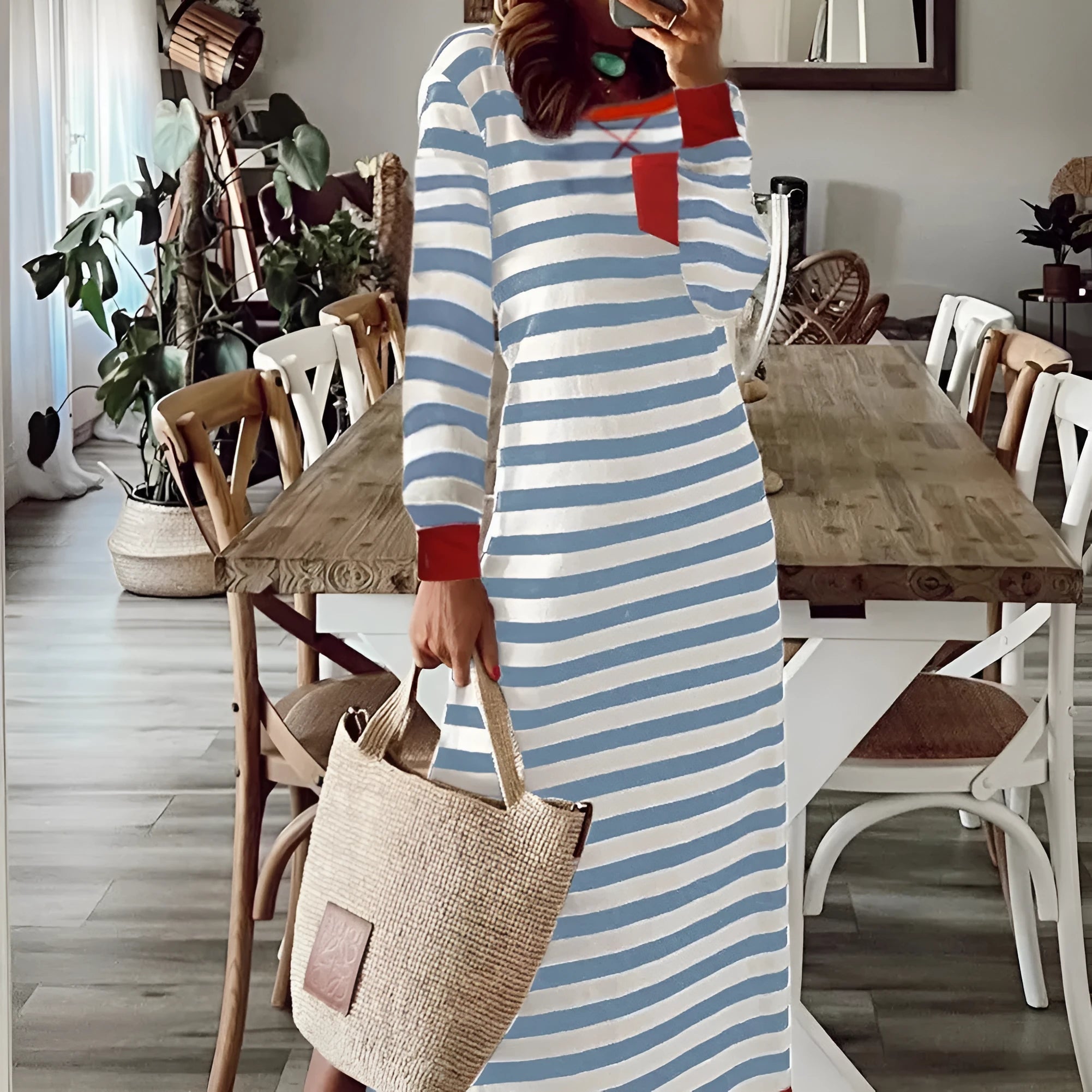 Striped long sleeve dress with contrast edge in Rose Stripe colour on display