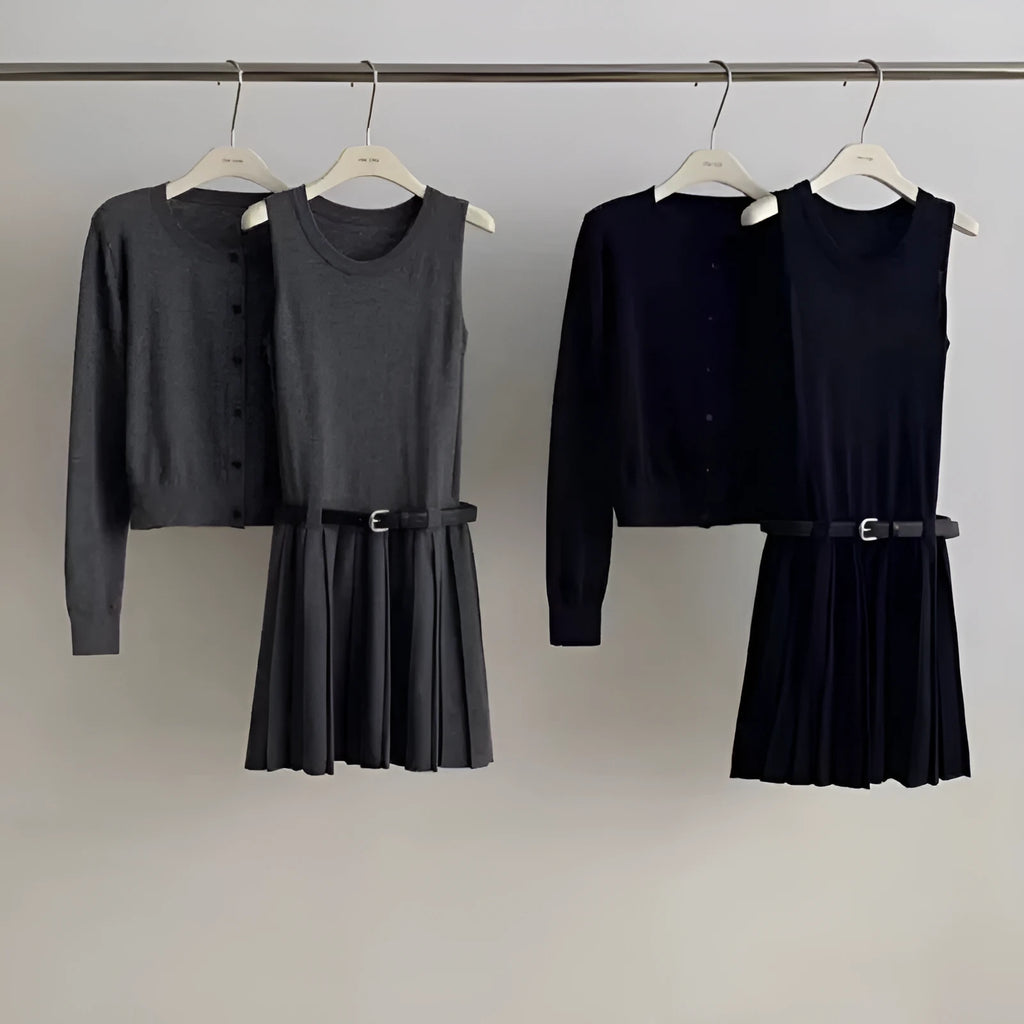 Women's black knitted vest skirt and cardigan two-piece set with 3D pattern and adjustable belt