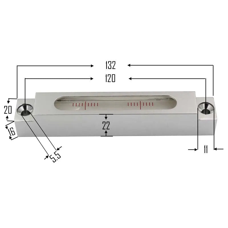 Metal and glass mini strip level showing bubble vials with 132mm length for machine tool measurement