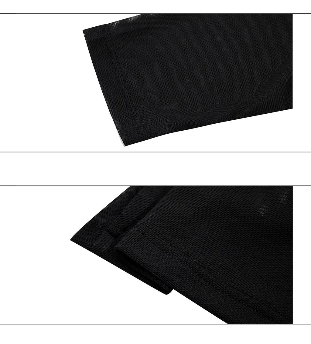 Niche mesh slim fit long sleeve shirt for women in black, showing trendy subdivision style.