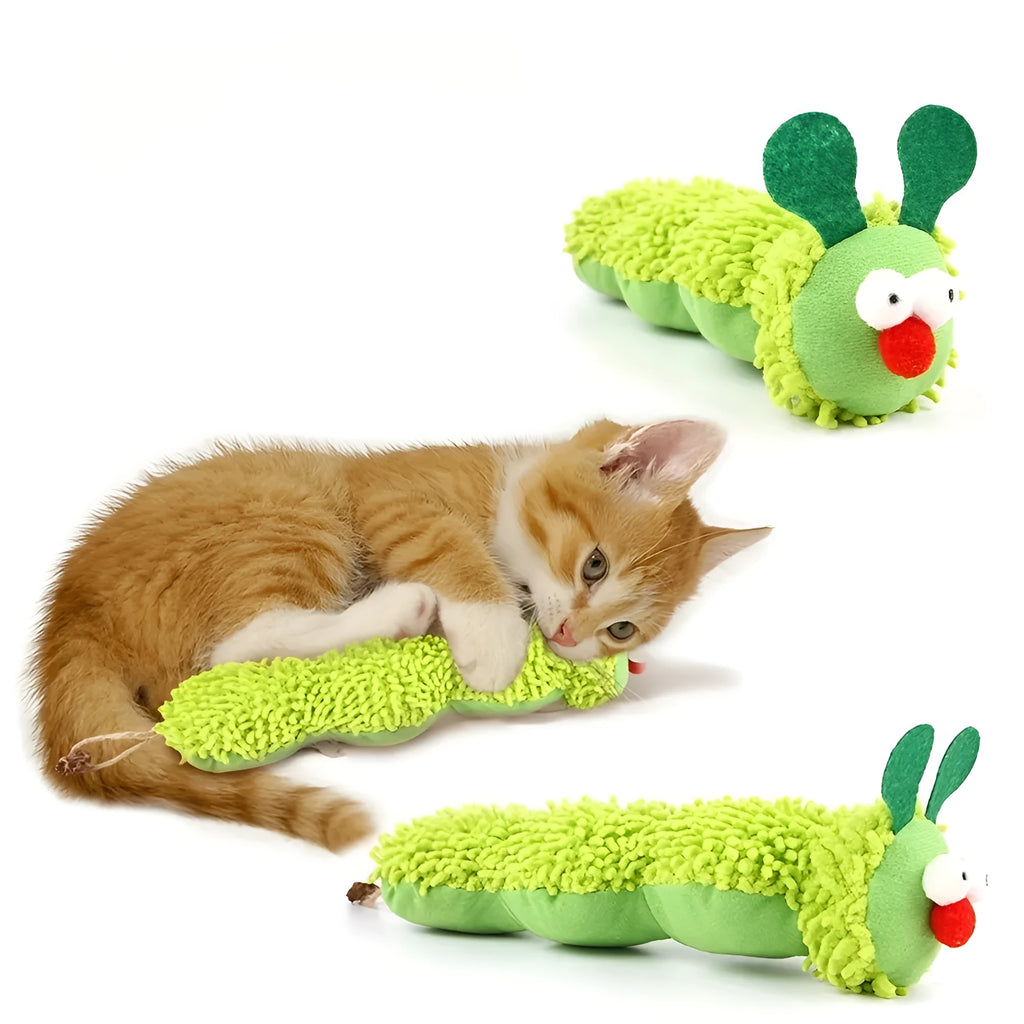 Green interactive plush cat toy pillow on a surface, showing soft fabric and dimensions.