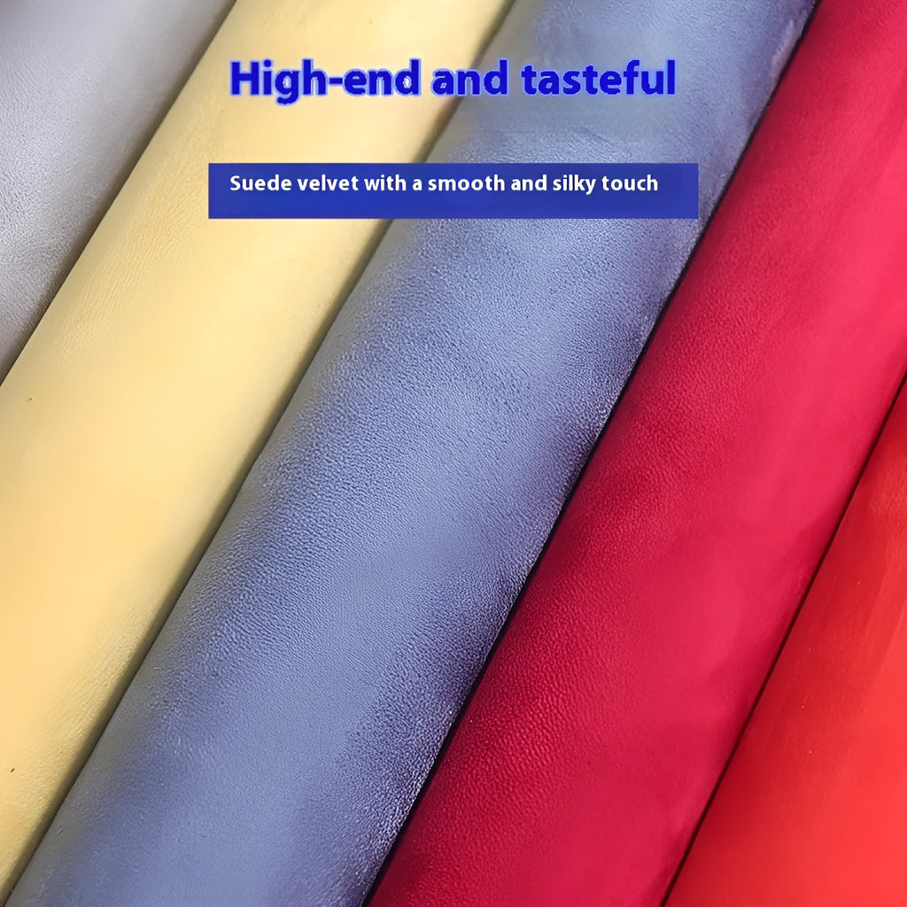 Roll of self-adhesive black leather suede fabric with adhesive backing visible, showing texture and a cut sheet sample.