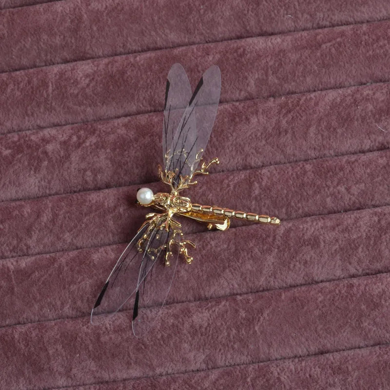 Golden dragonfly side clip headdress hair accessory with electroplated alloy construction