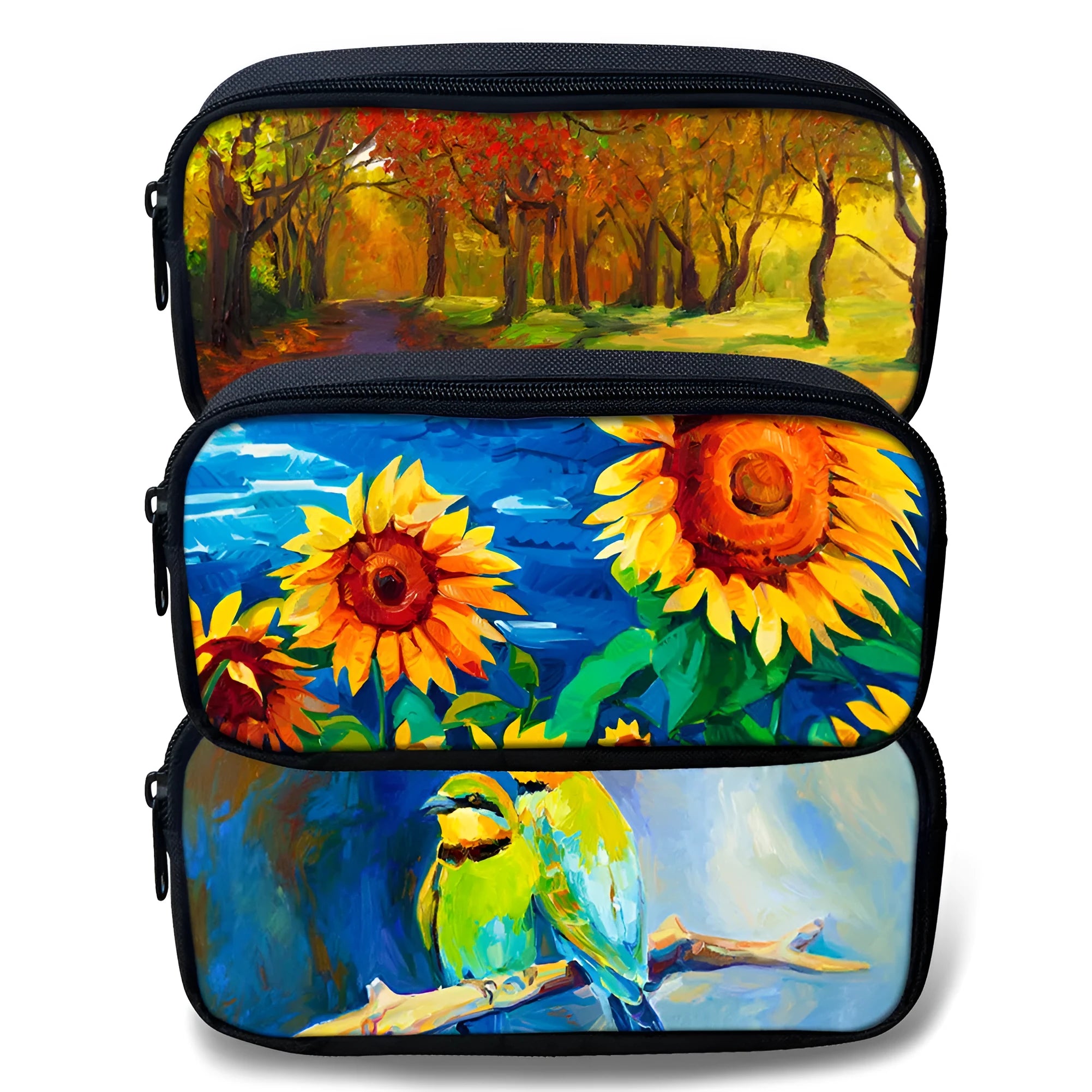 Customised pattern polyester pencil case with zipper closure, 10x21x4cm, large opening, on a flat surface