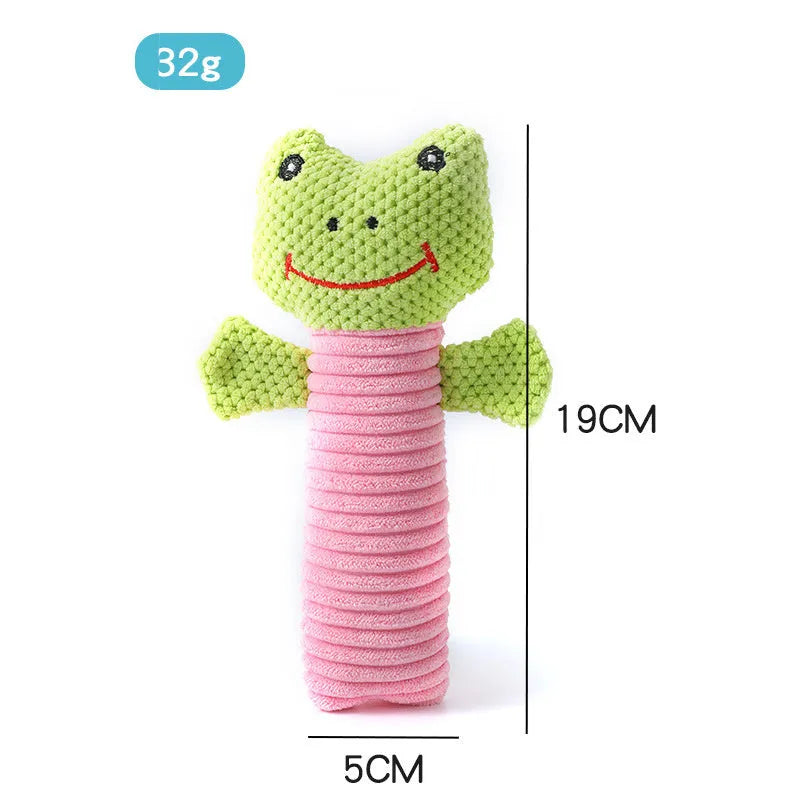 Squeaky stuffed animal dog chew toy in polyester fibre for dental care and chewing relief