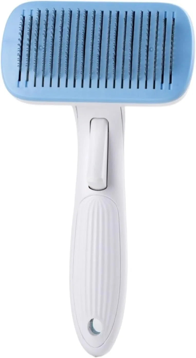 Automatic pet hair removal comb for dogs and cats in blue, grey, green, or pink.