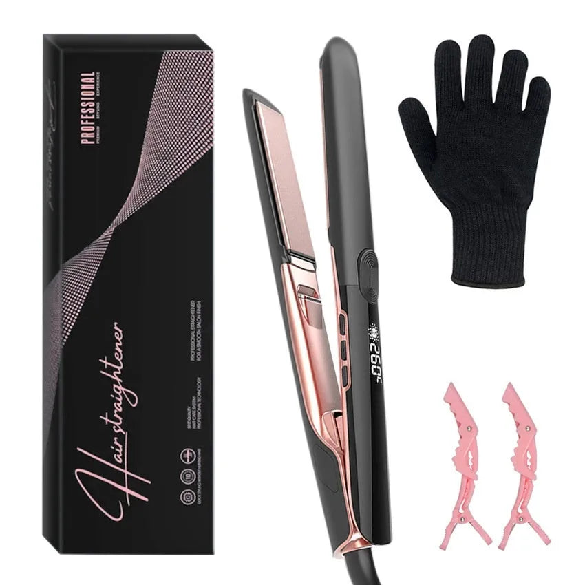 Hair straightener with digital temperature display showing 207°C setting and negative ion technology