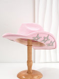 Polyester felt western hat with conical crown and hexagonal star detail in beige colour