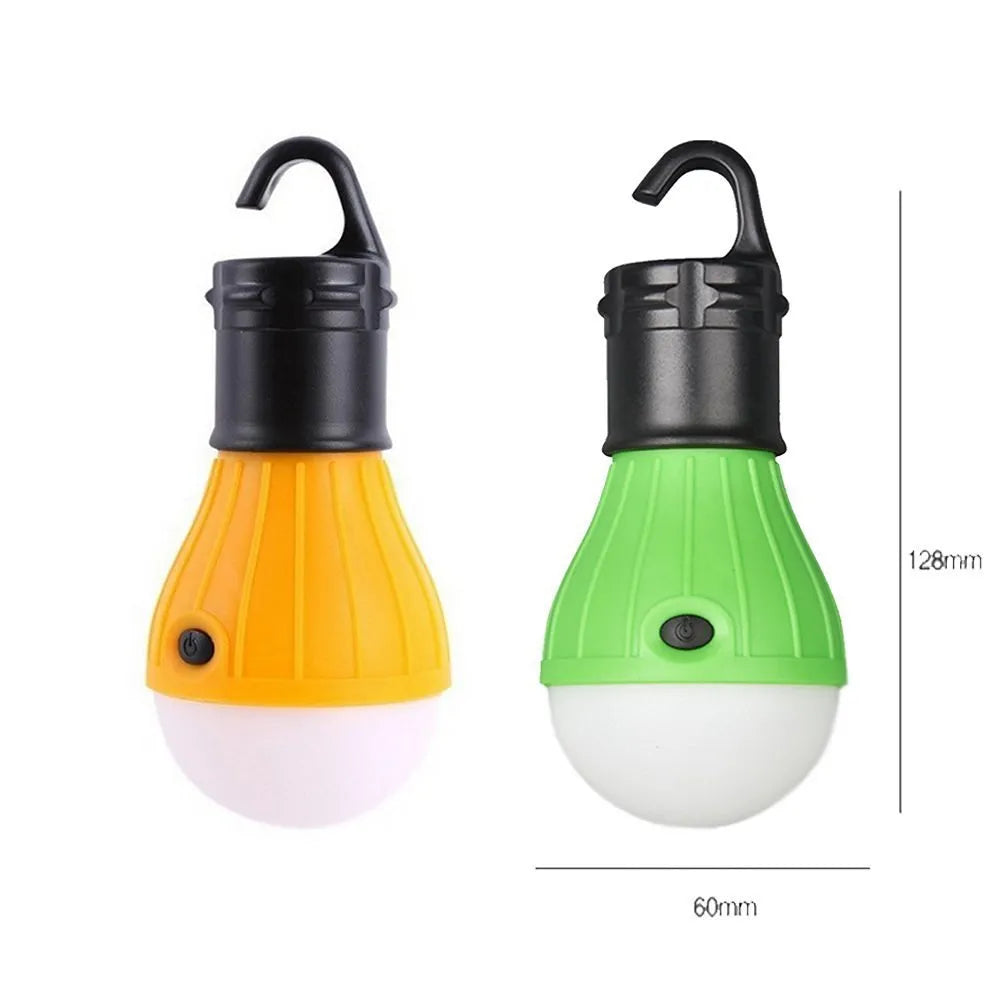 Portable hanging hook camping light with three LED lamps in red, yellow, blue, or green colours
