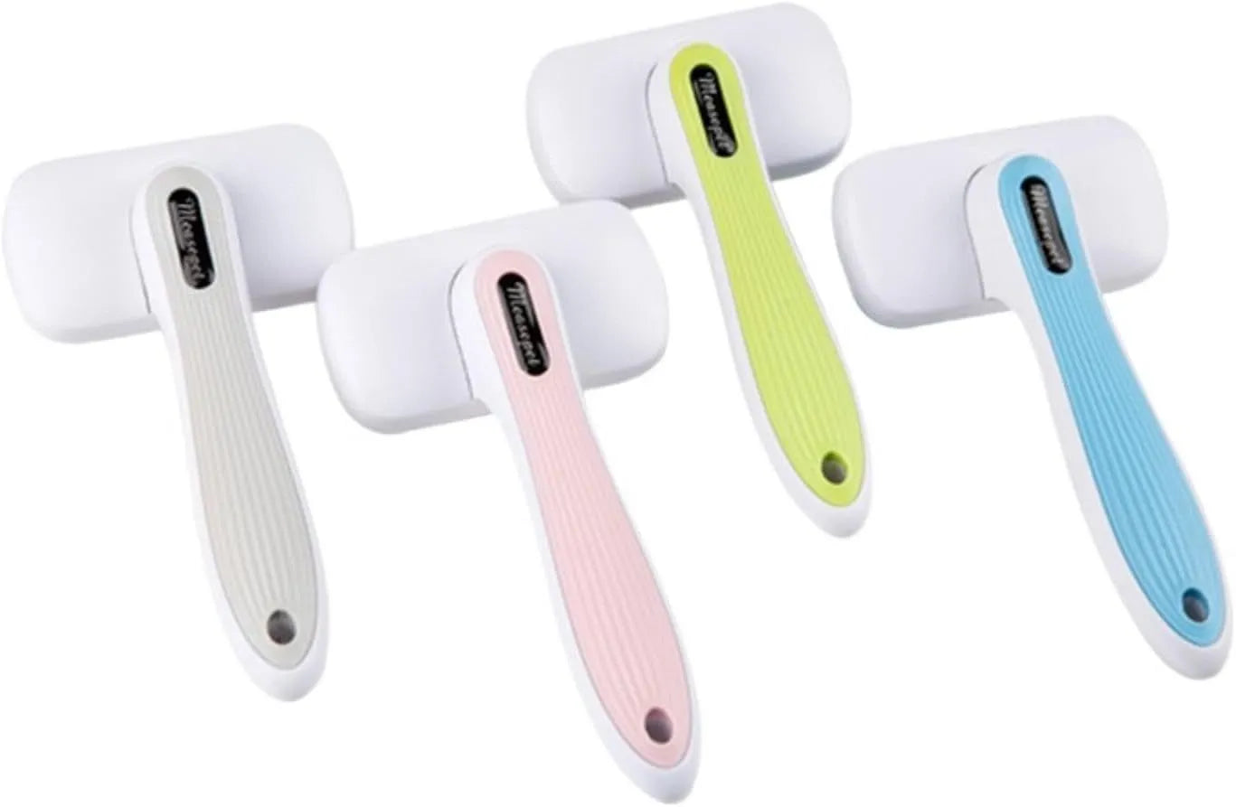 Automatic pet hair removal comb for dogs and cats in blue, grey, green, or pink.