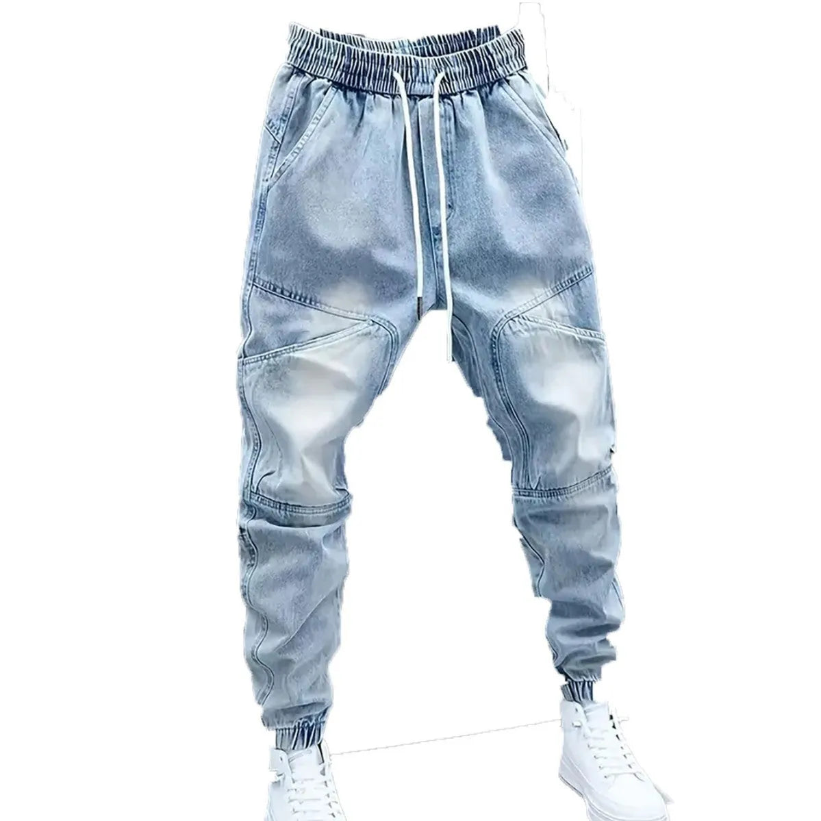 Men's light blue cotton denim skinny jeans with drawstring waist and elastic ankle bands