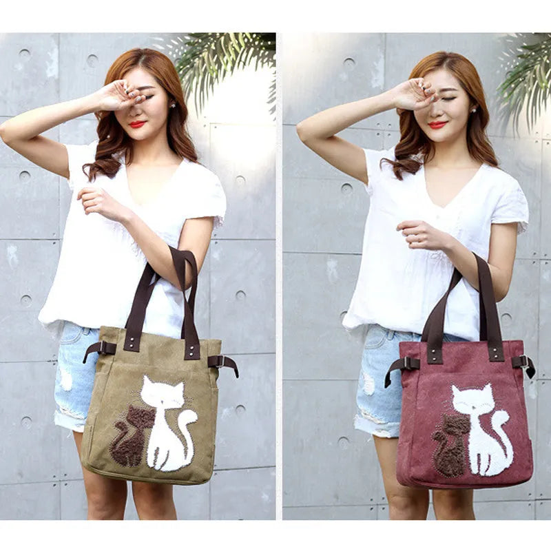 KVKY women canvas shoulder bag with cute plush cat applique in beige colour on white background