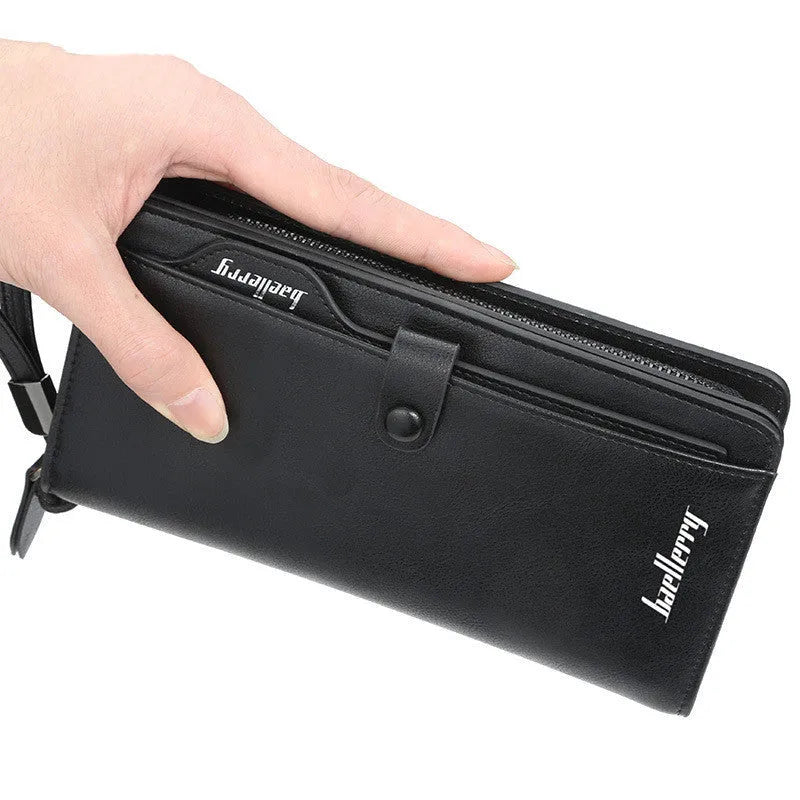 Men's retro soft PU leather multifunction phone bag wallet in brown with zippered pockets and card slots