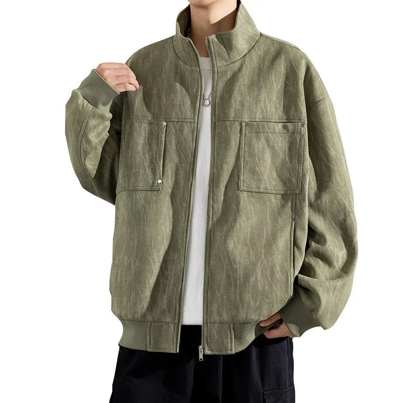 Men's polyester drop-shoulder long sleeve casual coat in bean green, sized for larger builds
