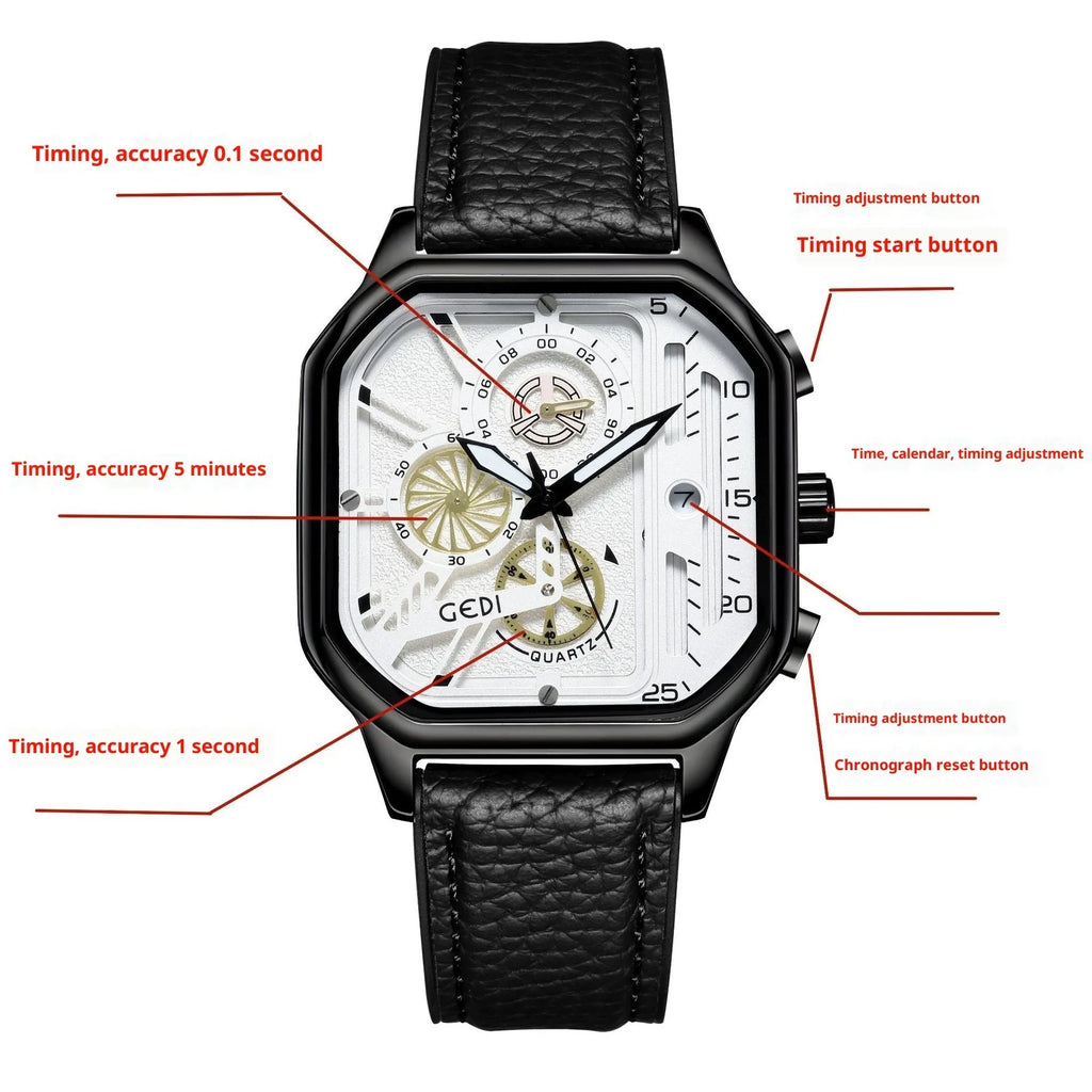 Men's waterproof quartz watch with black silicone strap and luminous dial