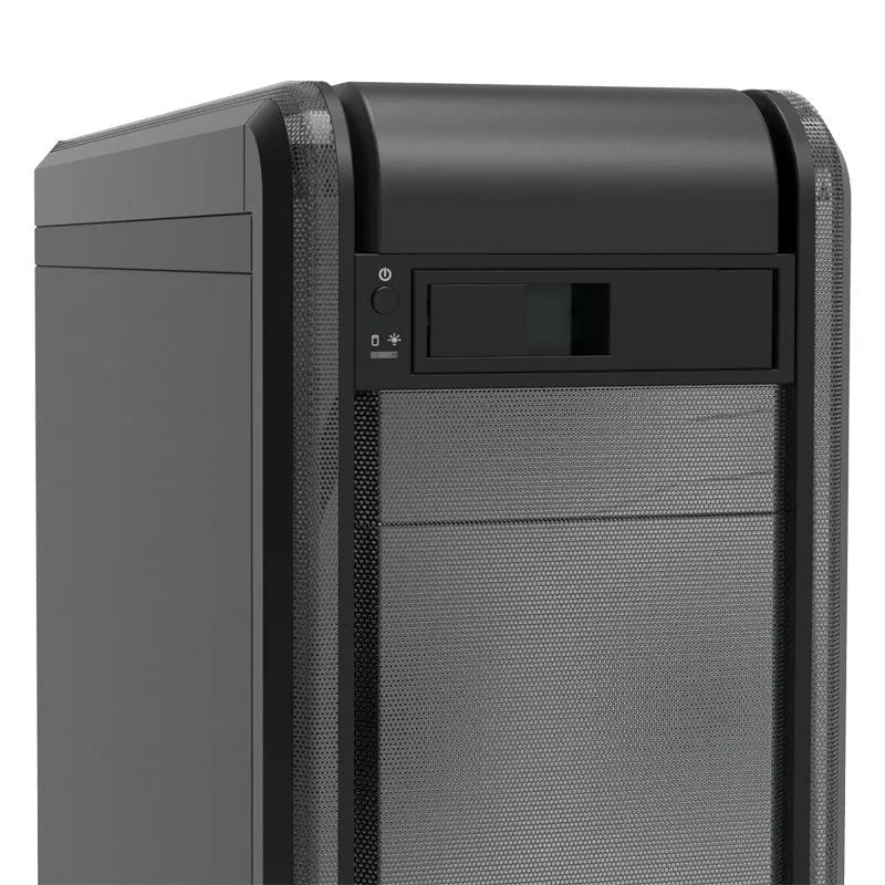 Black hard disk tray for CD-ROM bay mounting in vertical desktop chassis, plastic and iron construction