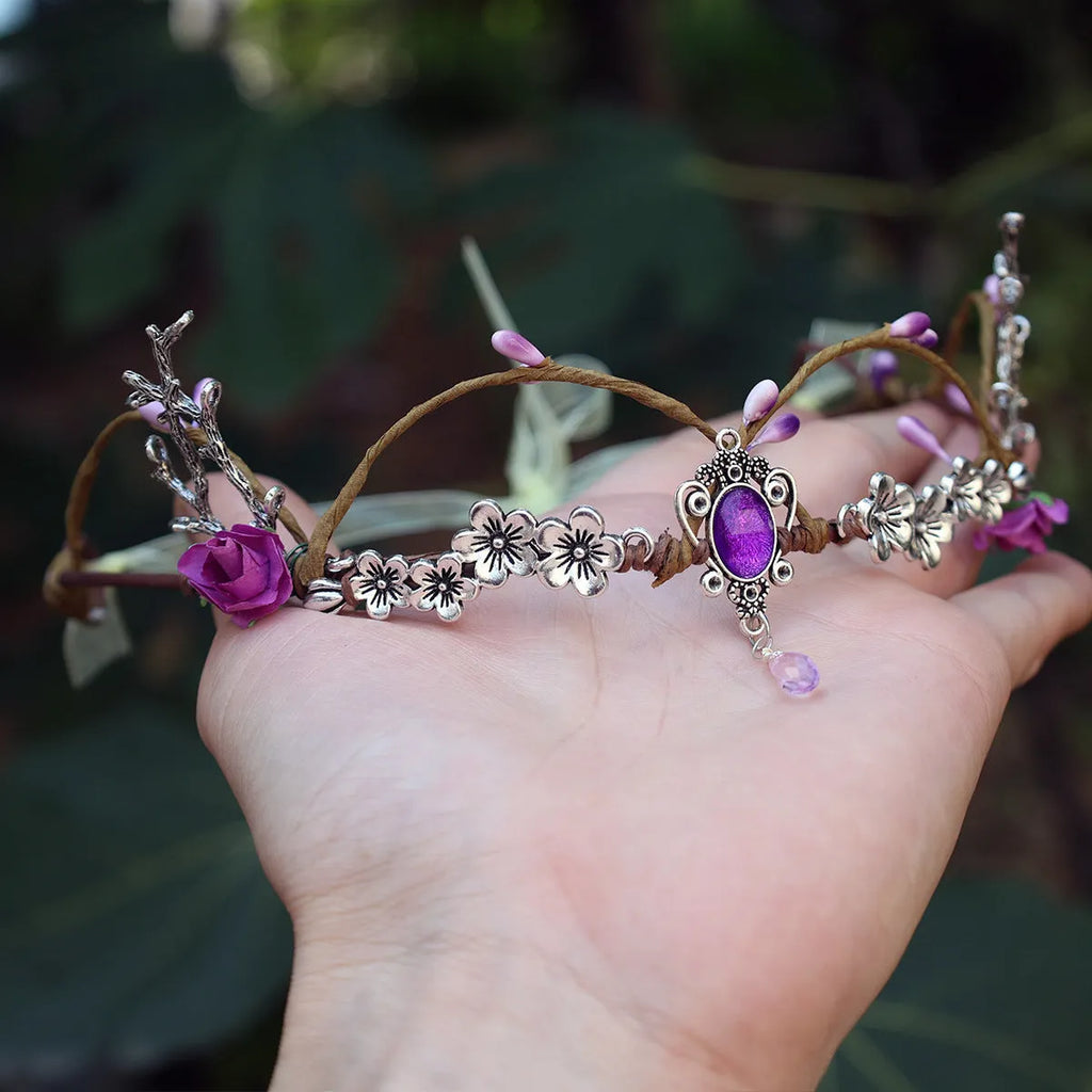 Retro handmade mori style decorative Tuinga elf queen hair headband in purple with plum blossom alloy design