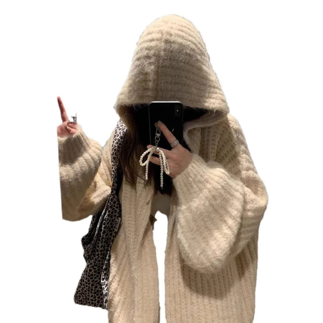 Women's dark grey retro hooded cardigan with thick knit and loose fit, shown open as a sweater.