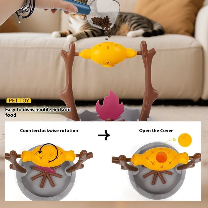 Barbecue-style cat food feeder toy with tumbling design and leakage food dispenser