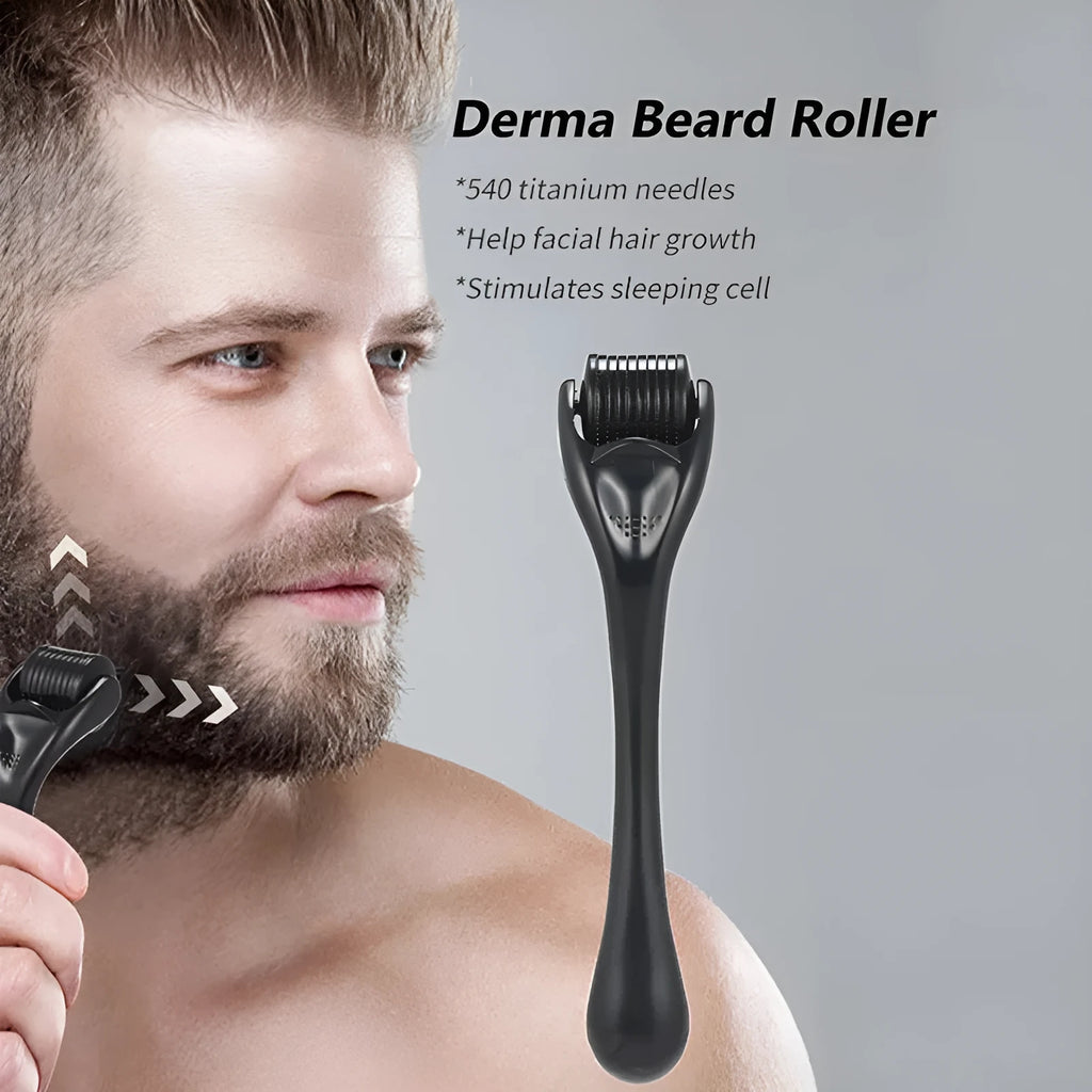 Close-up of a titanium derma roller with black handle showing the 540 needle head.