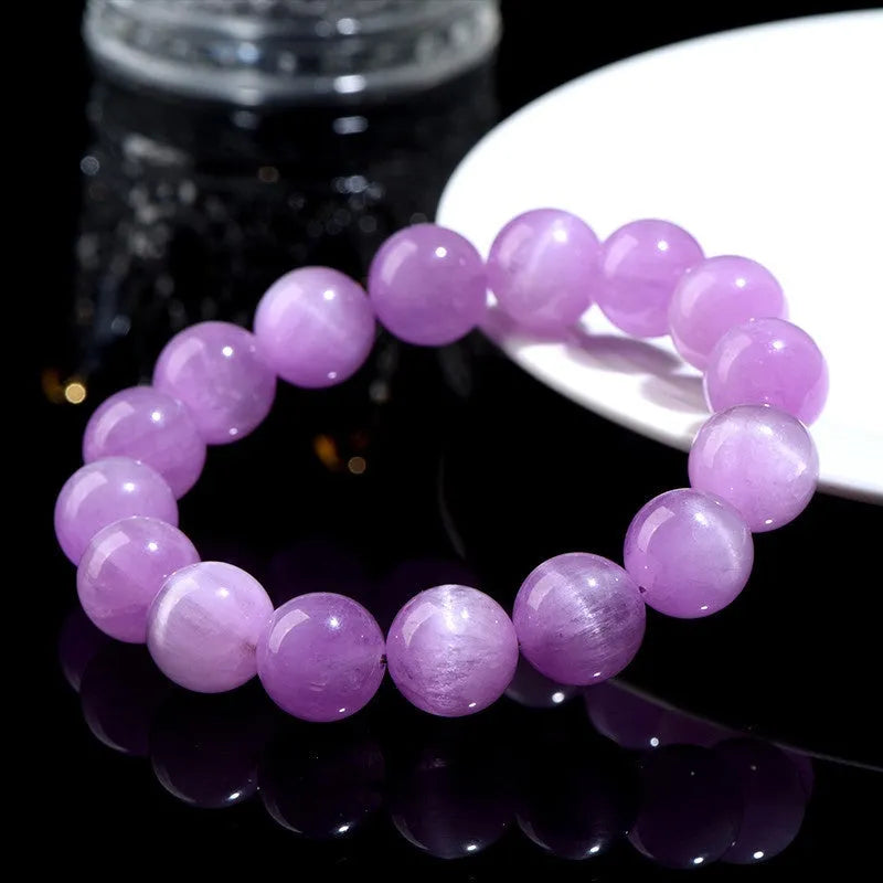 Natural cat's eye spodumene purple bracelet with waxy polished geometric beads