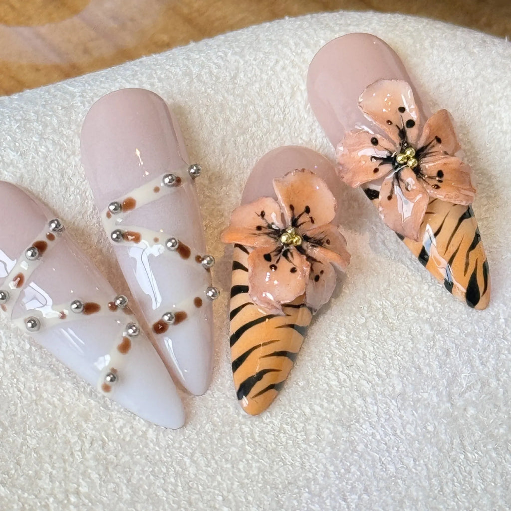 French style leopard print nail stickers with cross and flower patterns in XS S M L sizes