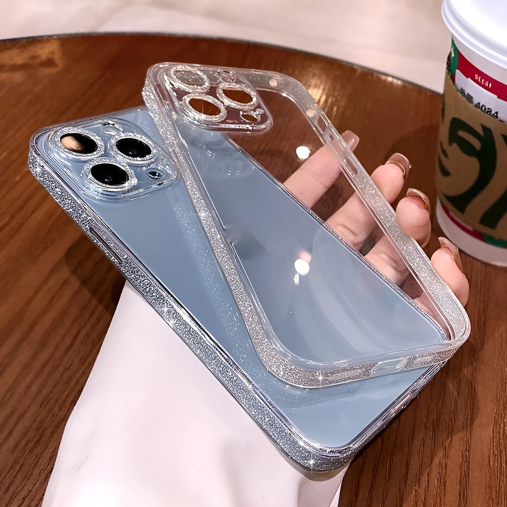 Starry glitter transparent glass phone case for iPhone 14 Pro Max with electroplated finish in Yuefeng blue