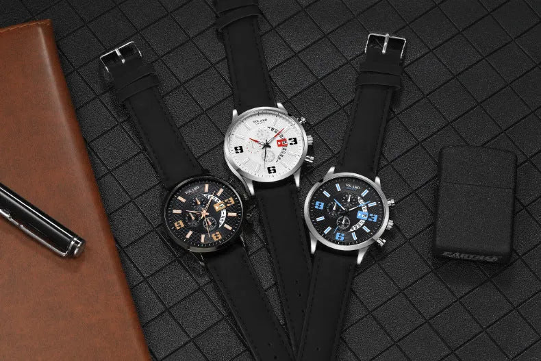 Fashion big digital calendar men's watch with leather strap and round alloy case