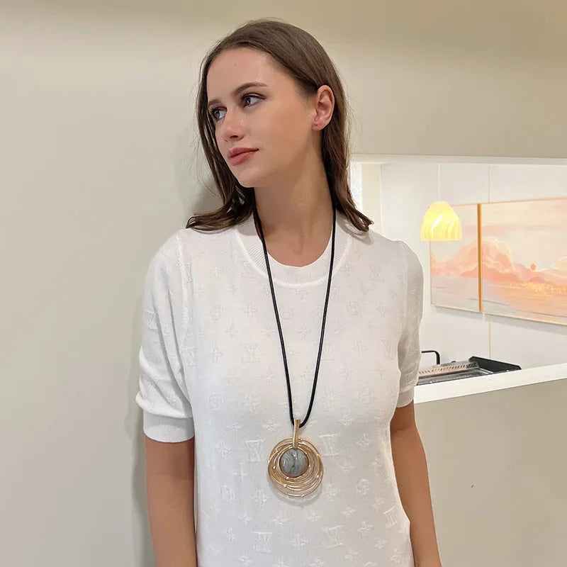 Vintage geometric plaid sweater chain necklace with snakeskin wax rope chain in TLN716 gold colour