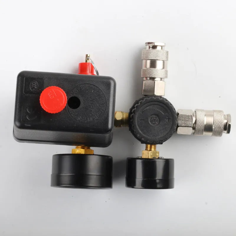 European air compressor pressure regulating valve assembly with adjustable pressure switch