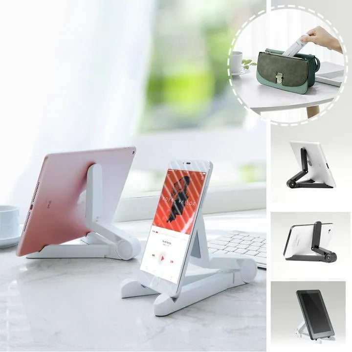 Foldable tablet holder in black showing both folded flat and opened positions with smartphone mounted