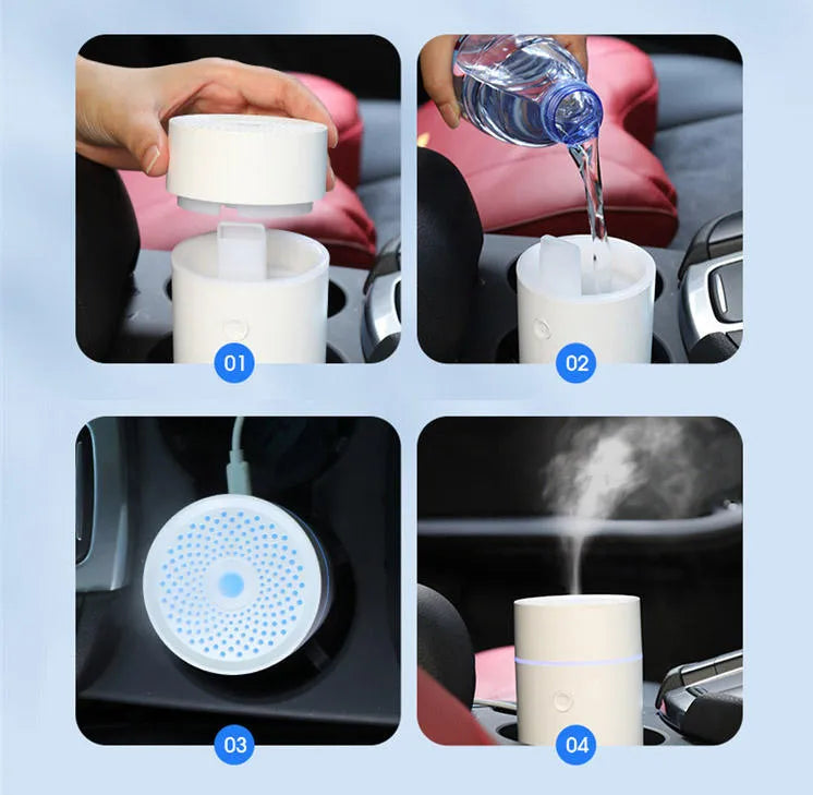 USB ultrasonic aroma diffuser 80ml with RGB LED lights in black, on a desk next to essential oil bottles