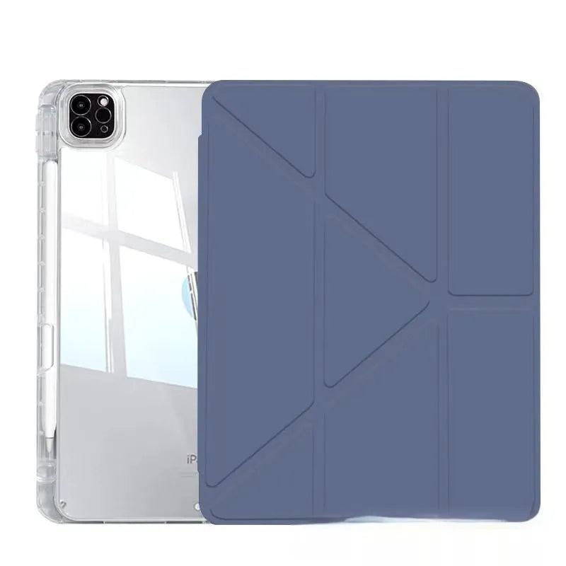 Transparent acrylic iPad case with a folding magnetic stand, shown in multiple colour options.