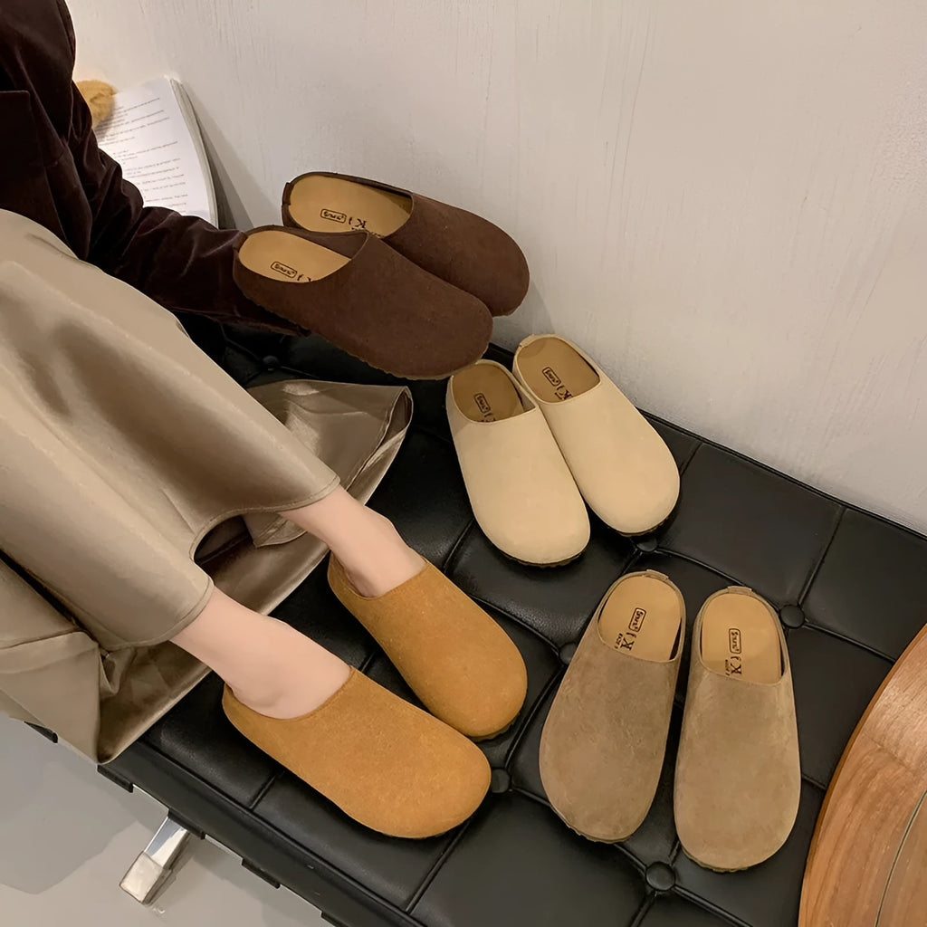 Korean style square toe slip-on slippers in apricot microfibre with a flat PU sole