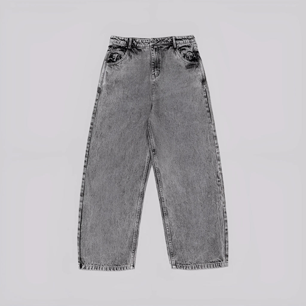 Grey loose-fit straight-leg cotton denim trousers on a mid-waist, shown from the front.