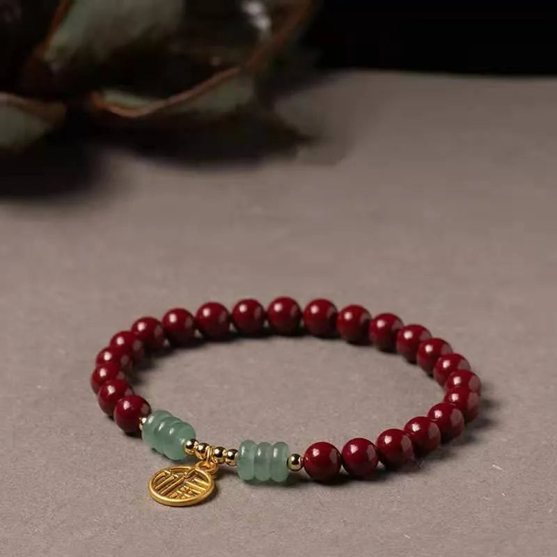 Handmade wave-shaped cinnabar and copper bead bracelet in national style design