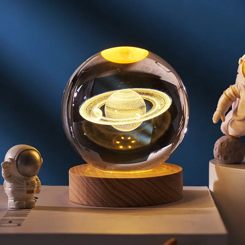 3D crystal ball night lamp with starry sky planets and moon projection on wooden base