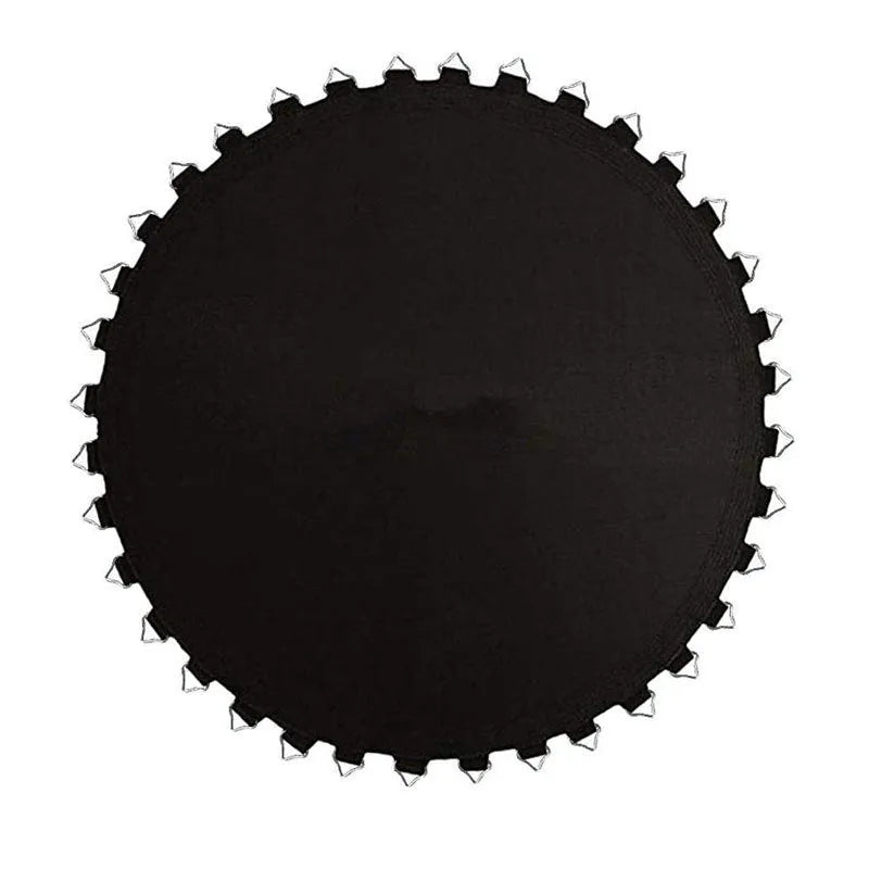 Round elastic trampoline replacement fabric with perimeter buttons for spring attachment.