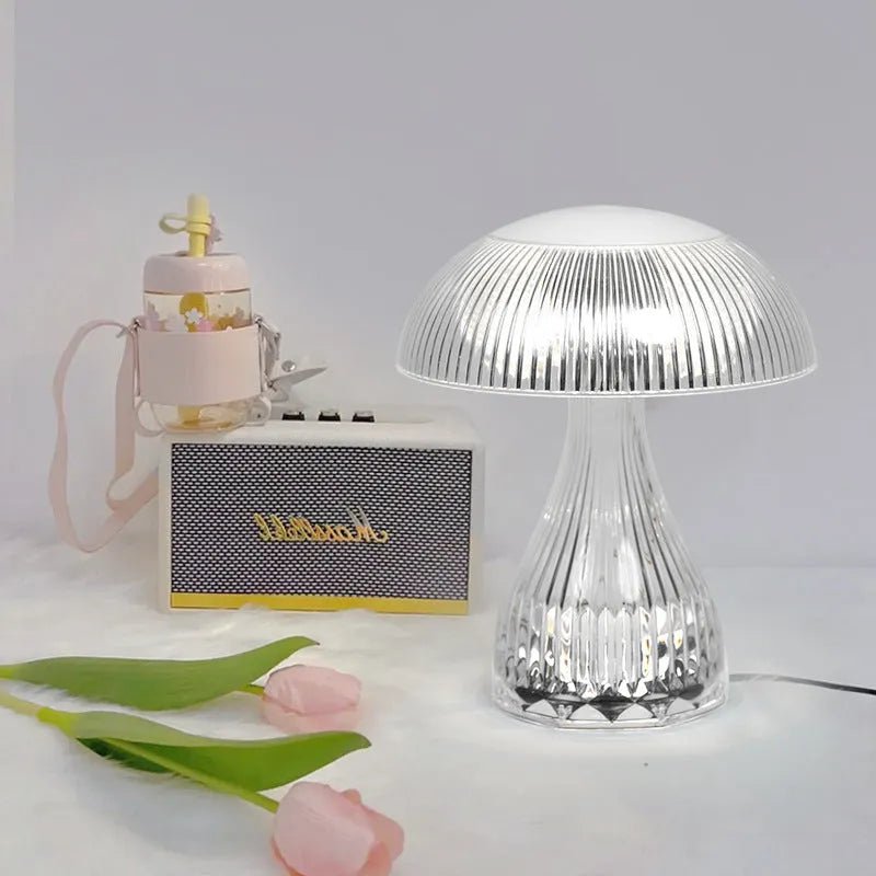 Small white acrylic touch-control night lamp with USB charging cable.