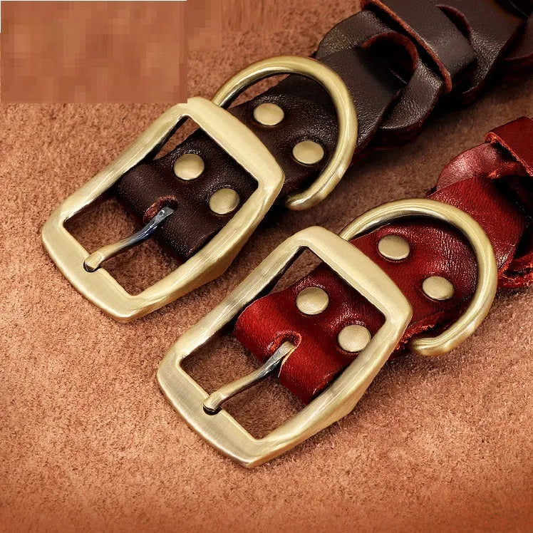 Braided cowhide leather dog collar in Dark Brown colour, with zinc alloy buckle, on a neutral background