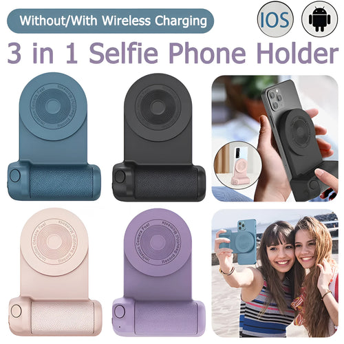 Black magnetic phone camera handle with rotatable design and PU leather grip on wooden table