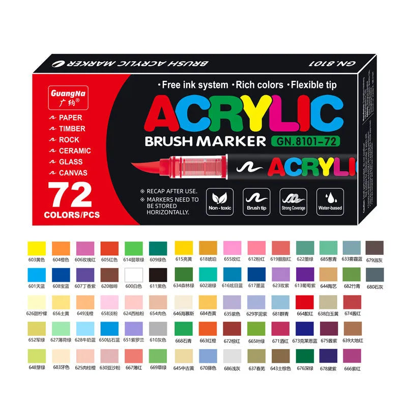 Set of straight liquid acrylic paint marker pens with soft brush tips in multiple colours