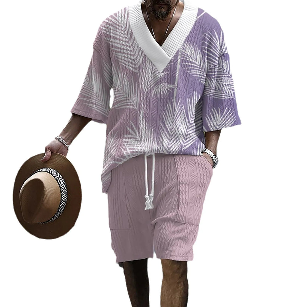 Men's knitted shorts suit with drop-shoulder short-sleeved top and matching shorts in printed design