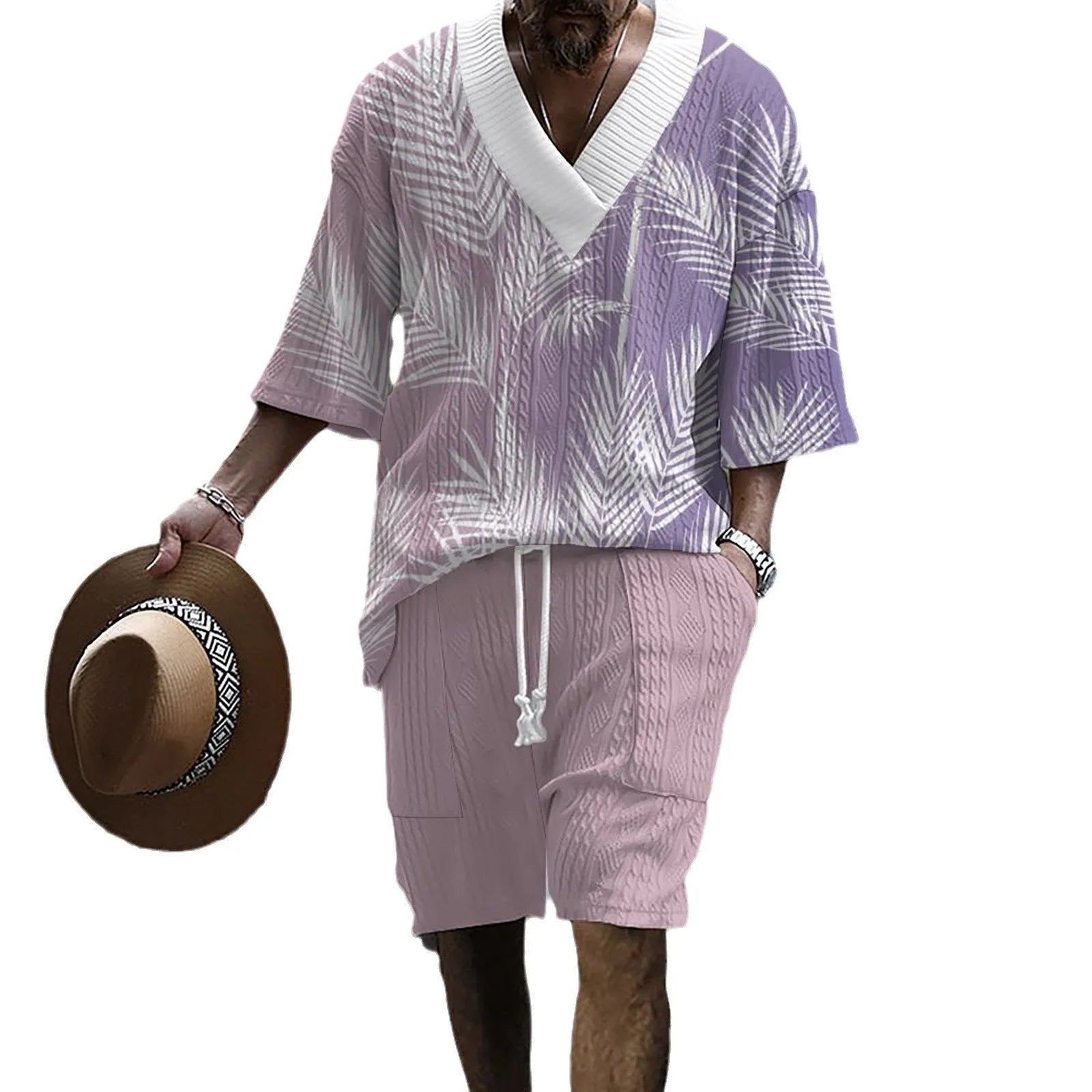 Men's knitted shorts suit with drop-shoulder short-sleeved top and matching shorts in printed design