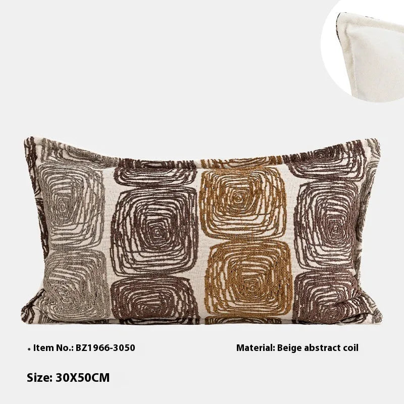 Square cream and coffee-coloured abstract coil pattern pillow cover, 50cm by 50cm.