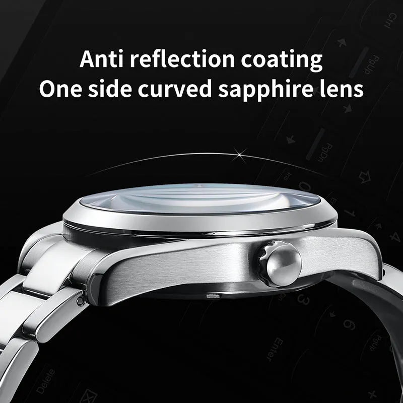 Men's stainless steel automatic watch with SEIKO NH35 movement, black dial, and butterfly clasp on a white background