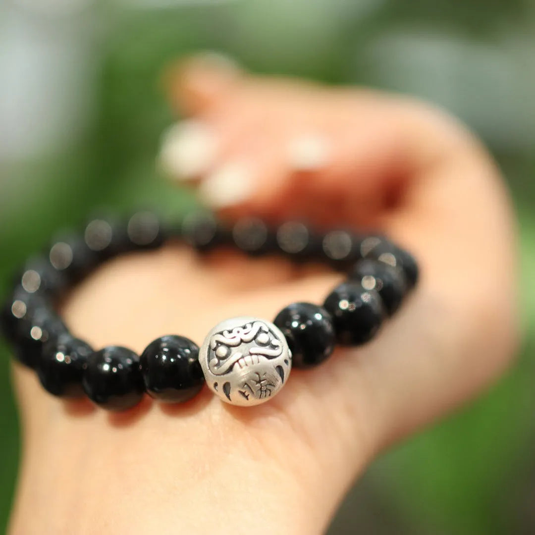 Black agate and sterling silver bracelet with 10mm beads in Chinese style design