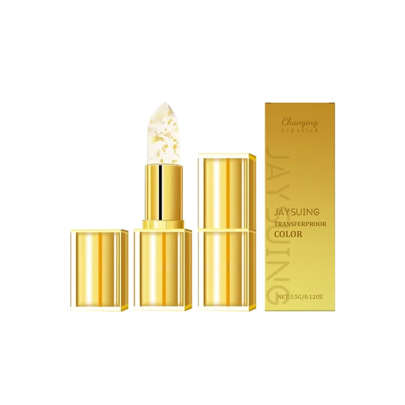 Gold foil discoloration nourishing lipstick in a square silver case, showing the 3.5g bullet.